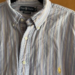 Ralph Lauren Classic Fit Men 2XB Linen Silk Blue Red‎ Striped Long Sleeve Shirt